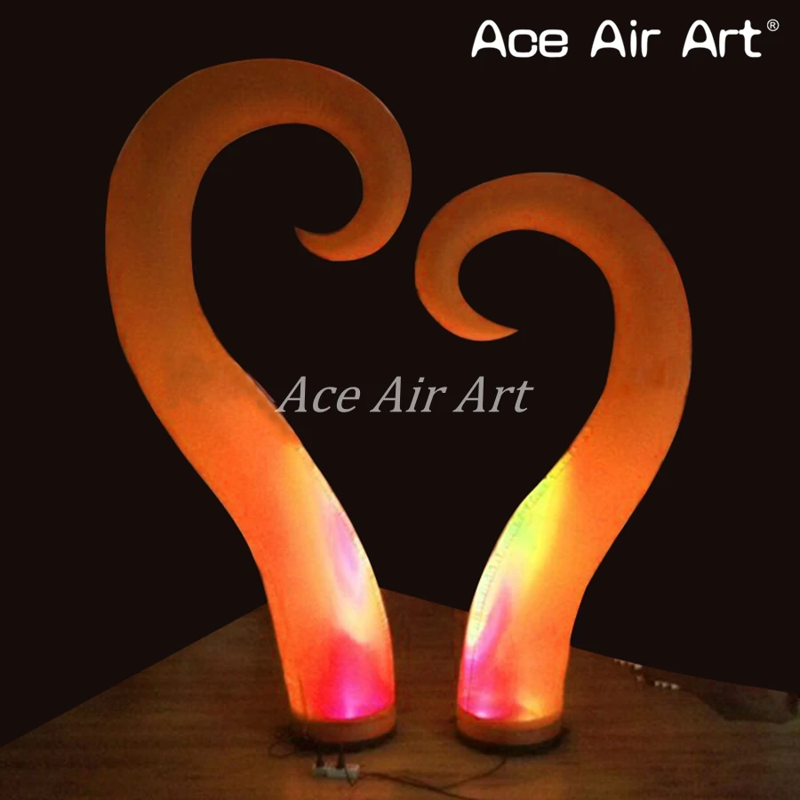 Unique Shape Spiral Cone Inflatable Hook Style Pillars Horns with Base and Blower Spotlights for Stage and Party Decoration