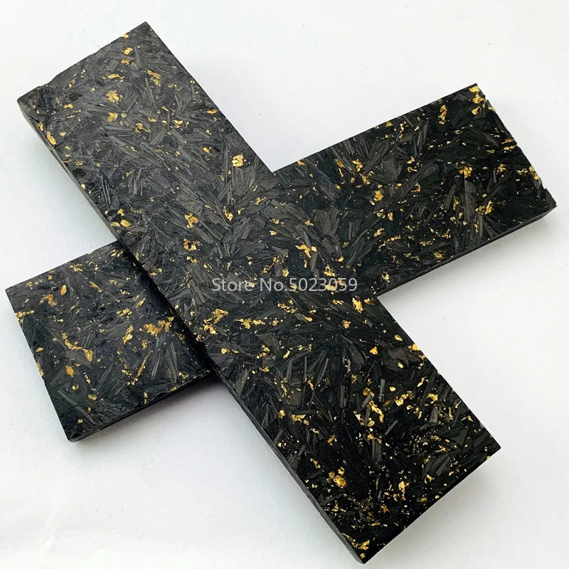 2Pcs Gold Foil Powder Compression Patch Plate for DIY Knife Handle Material CF Carbon Fiber Black Marble with Resin 135X40X4mm