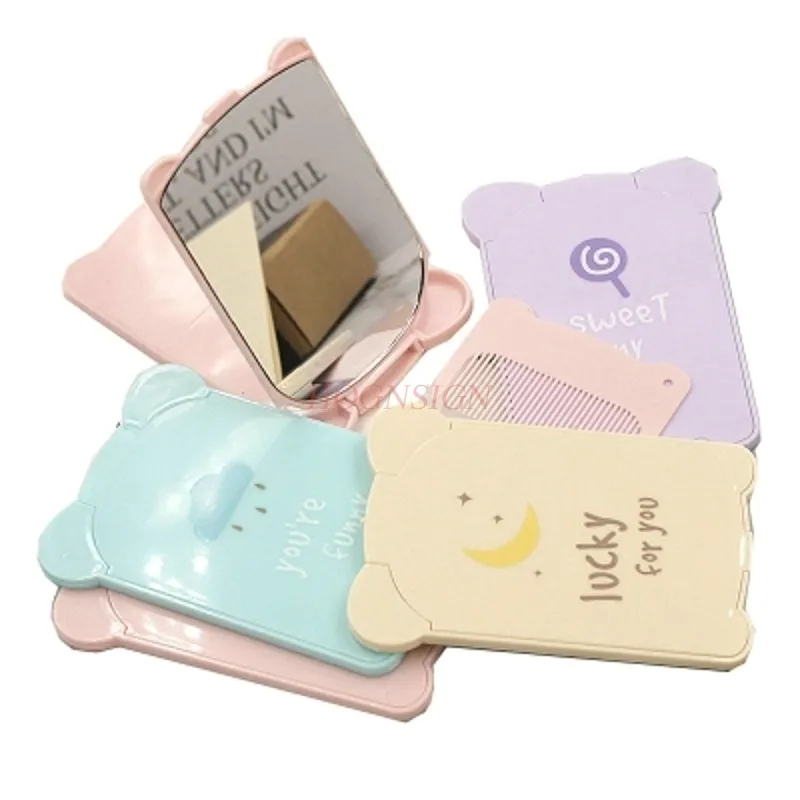 พับด้วยหวีกระจกขนาดเล็กกระจกพกพาแบบพกพามินิโต๊ะเครื่องแป้งภาพประกอบการ์ตูนพลาสติกขาย