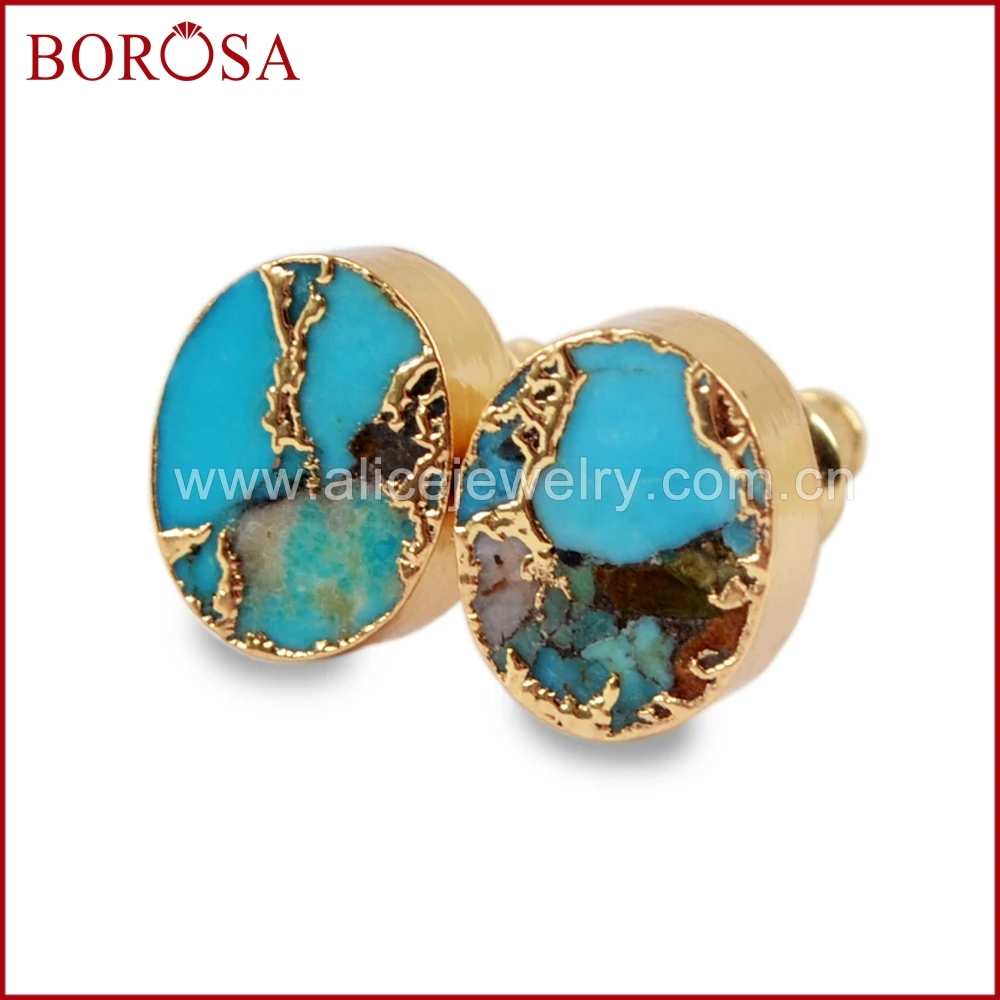 BOROSA 5/10Pairs Fashion Gold Color Oval  Copper Natural Turquoises Stud Earrings Jewelry Natural Blue Stone Women Earring G1546