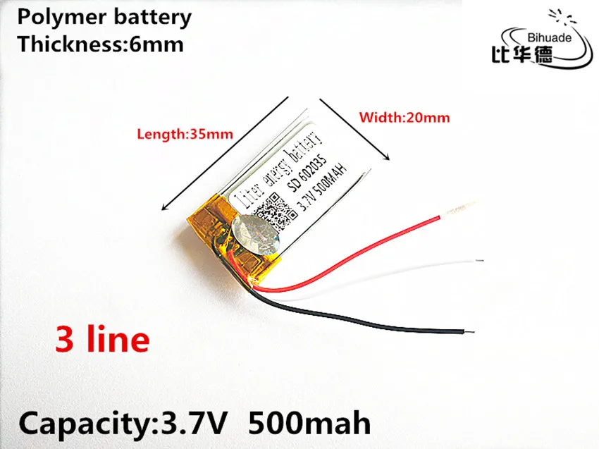 3 line Good Qulity 3.7V,500mAH,602035 Polymer lithium ion / Li-ion battery for TOY,POWER BANK,GPS,mp3,mp4