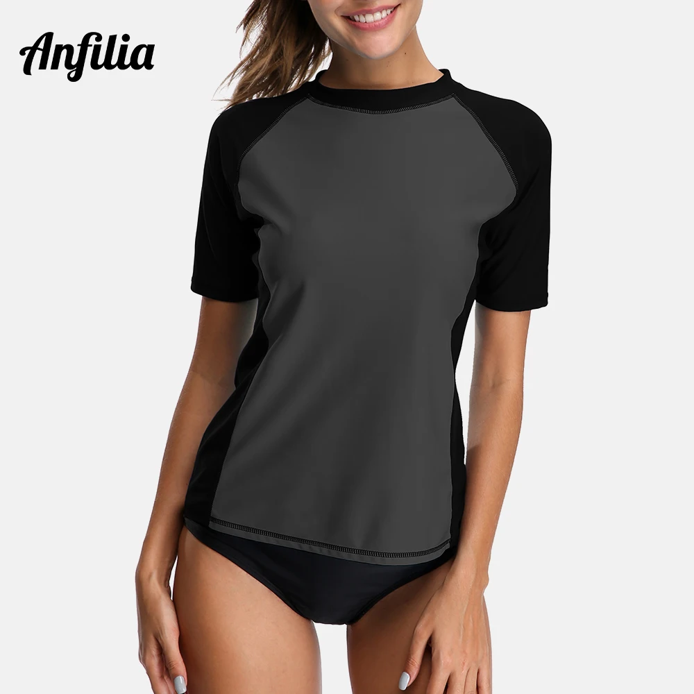 Anfilia Delle Signore Manica Corta Protezioni Camicette Donne Rashguard Costumi Da Bagno Surf Top Corsa e Jogging Camicia Bike Camicette Costume Da