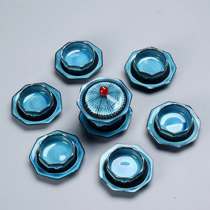 Unique design Tea set 8cups 1Gaiwan,Eight treasure tower travel tea set temmoku glaze Porcelain Exquisite Set Kung Fu Tea Cup