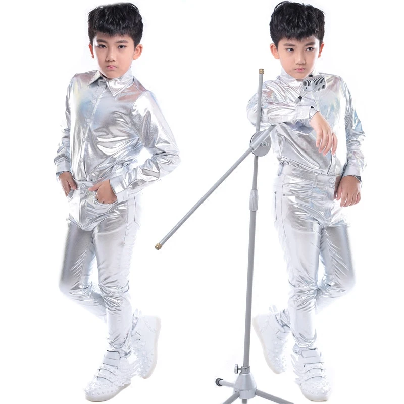 2019 Jazz Dance Costumes Boys Silver Lacquered Leather Shirt Pants Set Children Street Clothes Hip Hop Stage Outfits DNV11071