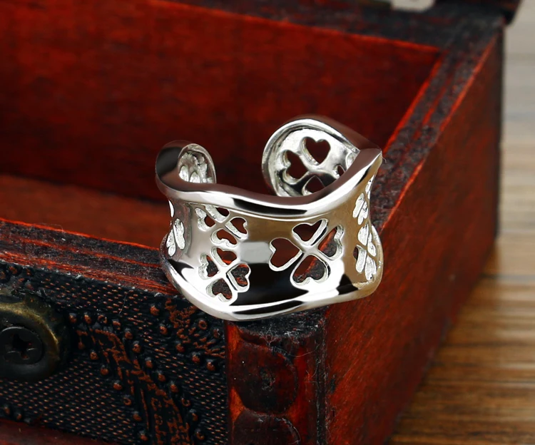 New fashion retro hollow pattern ring. Solid 925 sterling silver 13mm wide face female adjustable size. Clover silver jewelry image 4