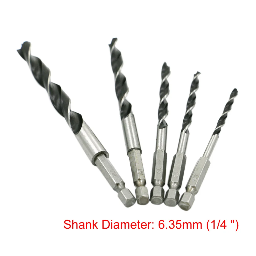 5PCS Wood Drill Bit Set 4mm 5mm 6mm 8mm 10mm 1/4" Hex Shank Wood Drill Bit Sets Twist Woodworking Hole Cut Reaming Cone Drill