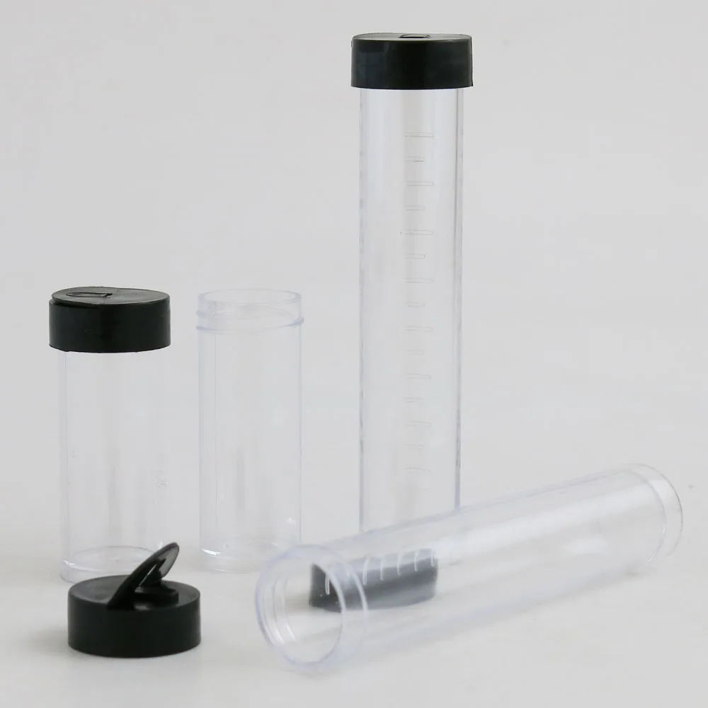 100 x 10ml 20ml Plastic PE Test Tubes With Black Plug Lab Hard Sample Container Transparent Packing Vials Women Cosmetic Bottles