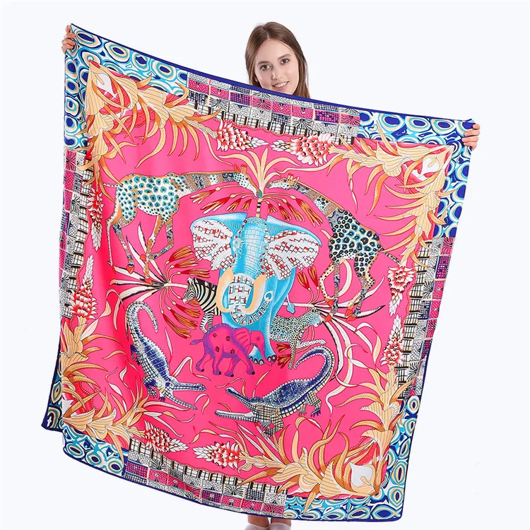POBING Twill Silk Square Scarf Animals Print Women Scarves Wrap Giraffe Neckerchief Spanish Foulards cachecol Large Bandana