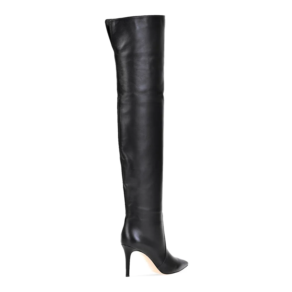 Women Pointy Toe High Heel Over The Knee High Boots Black Tube Shaft Tall Boots Ladies Winter Shoes Slip on Long Botas Plus Size