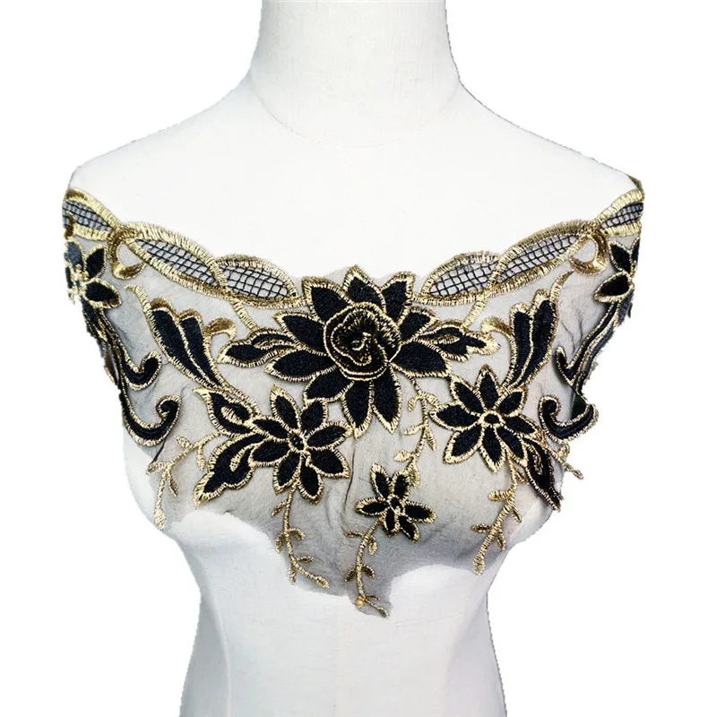 35CM Black Gold Embroidered Flowers Collar Vintage Lace Trims Appliques Mesh Sew On Patch For Wedding Evening Dress DIY