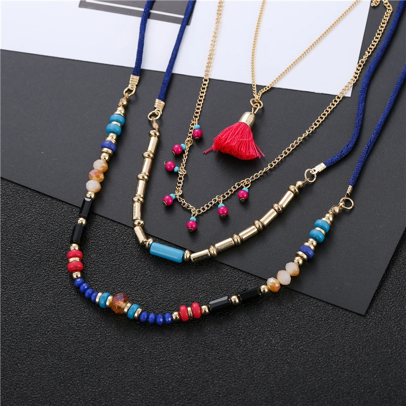 Bohemian Multi Color Layers Necklaces Colorful Beads Tassel Maxi Long Ethnic Chain Jewelry Statement Necklace For Women Collar