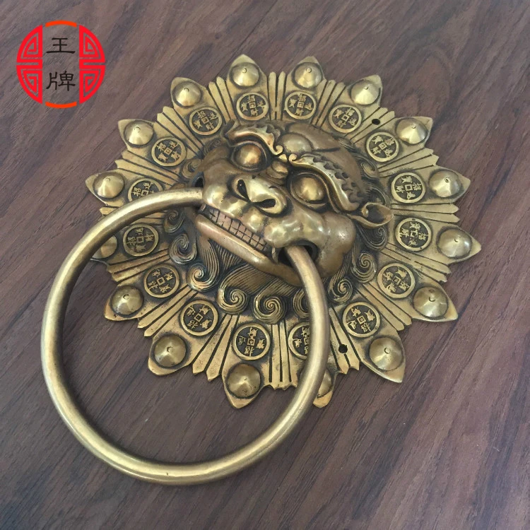 Chinese antique wood temple courtyard door ring copper Shoutou lion head retro handle door handle Temple