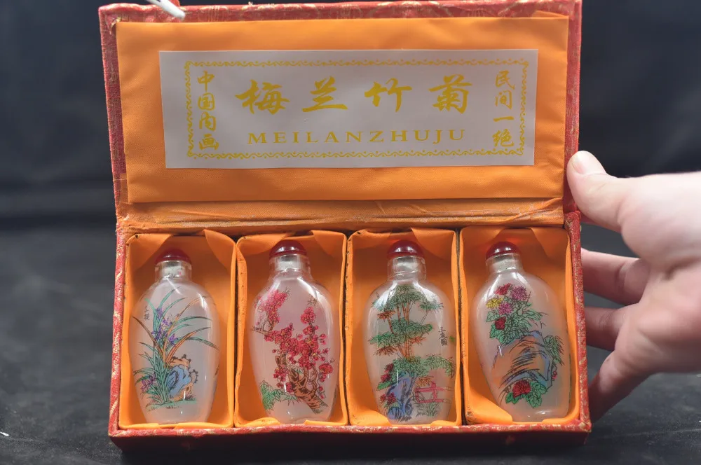 4pc Chinese Inside painted Merlin, bamboo and chrysanthemum glass SNUFF BOTTLE-painting home decoration SNUFF BOTTLE