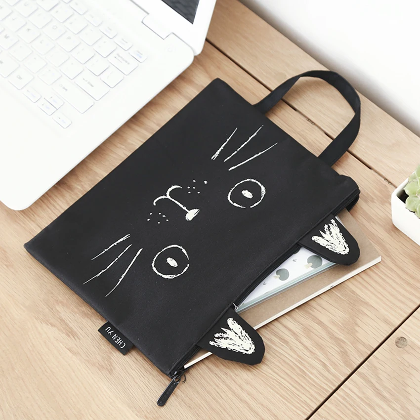 New Cute Kitten Shape Canvas Handbag A4 Paper Holder File Folder Zipper Bag Cartoon School Office Supplies Data Document Storage