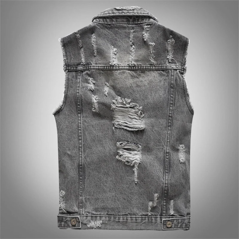 DIMUSI Spring Vintage Design Mens Denim Vest Male Retro Sleeveless Jackets Men Ripped Hole Button Jean Waistcoats Clothing 5XL