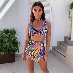 Bling Sequins Geometrik Eşleştirme Setleri Düşük Kesim Backless kolsuz üstler İpli Patchwork Mini Etek Rave Festivali 2 Parça Set