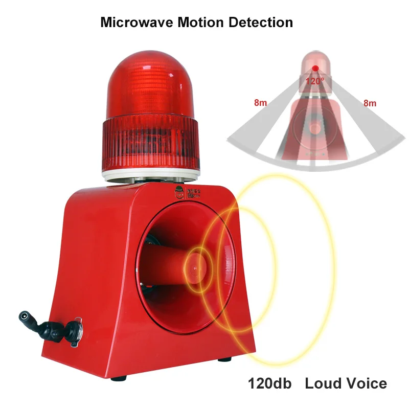 Détecteur de mouvement à micro-ondes Portable, dispositif d\'alarme sonore et lumineuse avec haut-parleur en corne haute puissance 20W