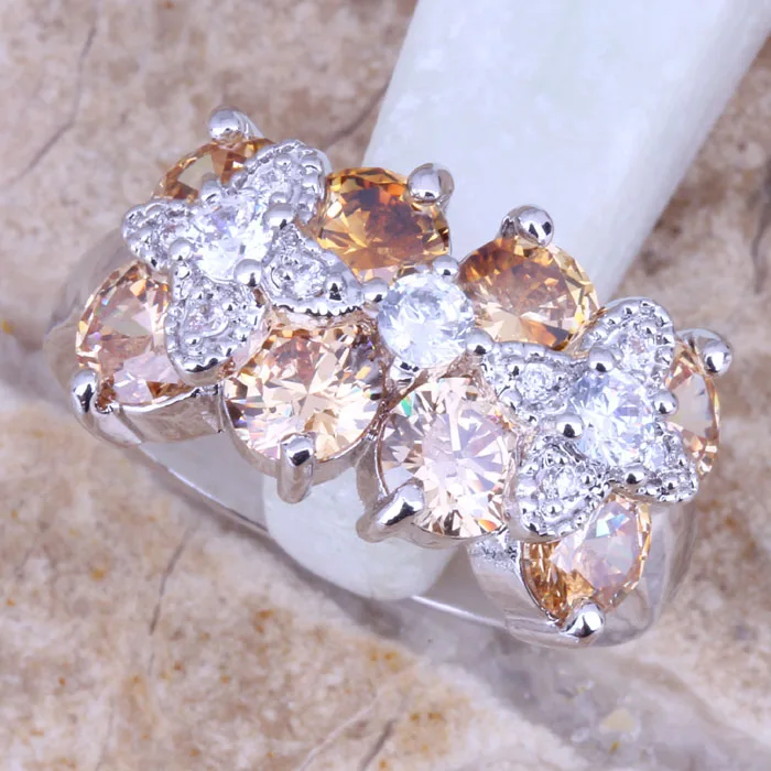 Absorbing Champagne Morganite White CZ Silver Plated  Women's Jewelry Ring Size 6 / 7 / 8 / 9 R0766