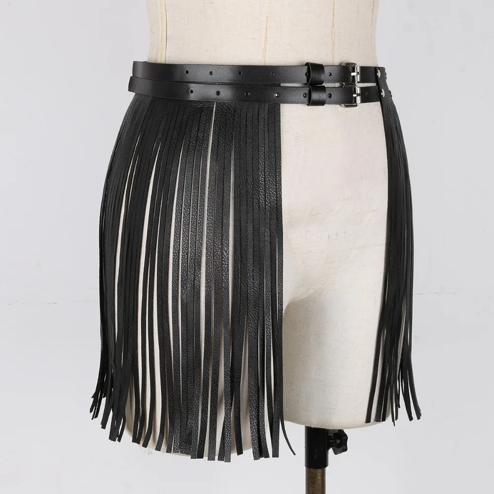 Womens Adult Adjustable Faux Leather Waistband Fringe Tassel Skirt Belt Nightclub Costume Cosplay Parties Skirts for Halloween