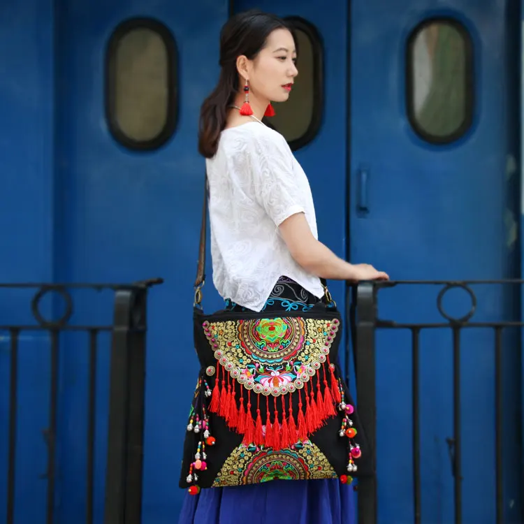 Ethnic Double sided embroidered women handbags Vintage tassel rivet casual shoulder messenger bags