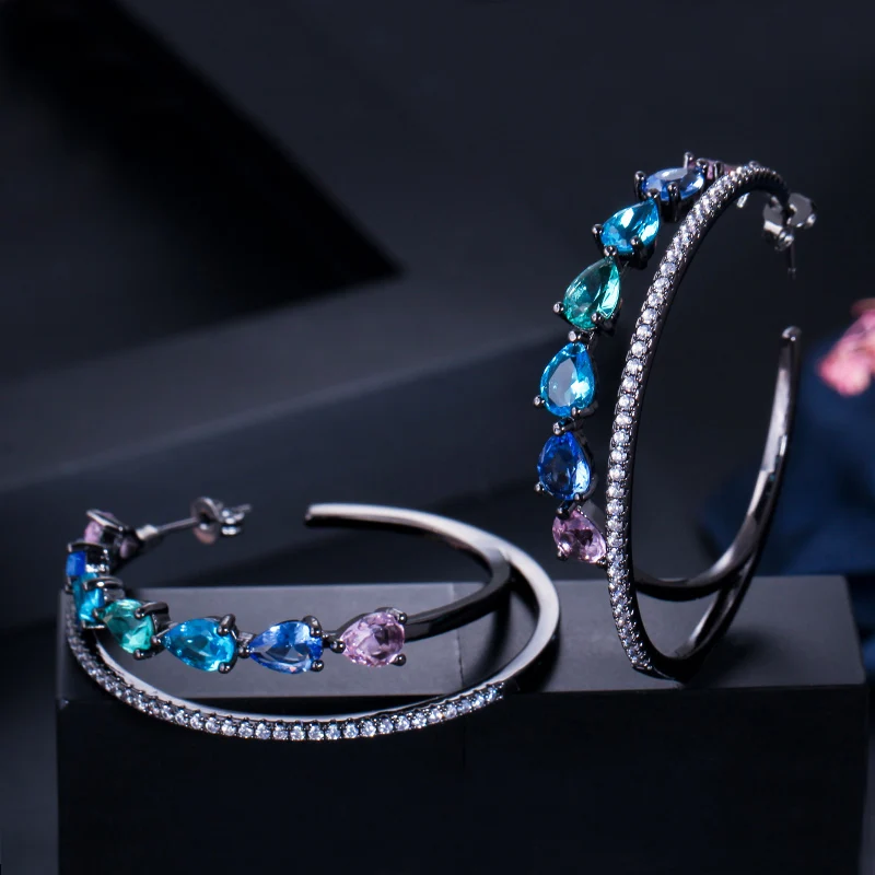 CWWZircons Double Circle Rainbow Cubic Zirconia Crystal Big Round Gold Plated Hoop Earrings for Women Statement Jewelry CZ562