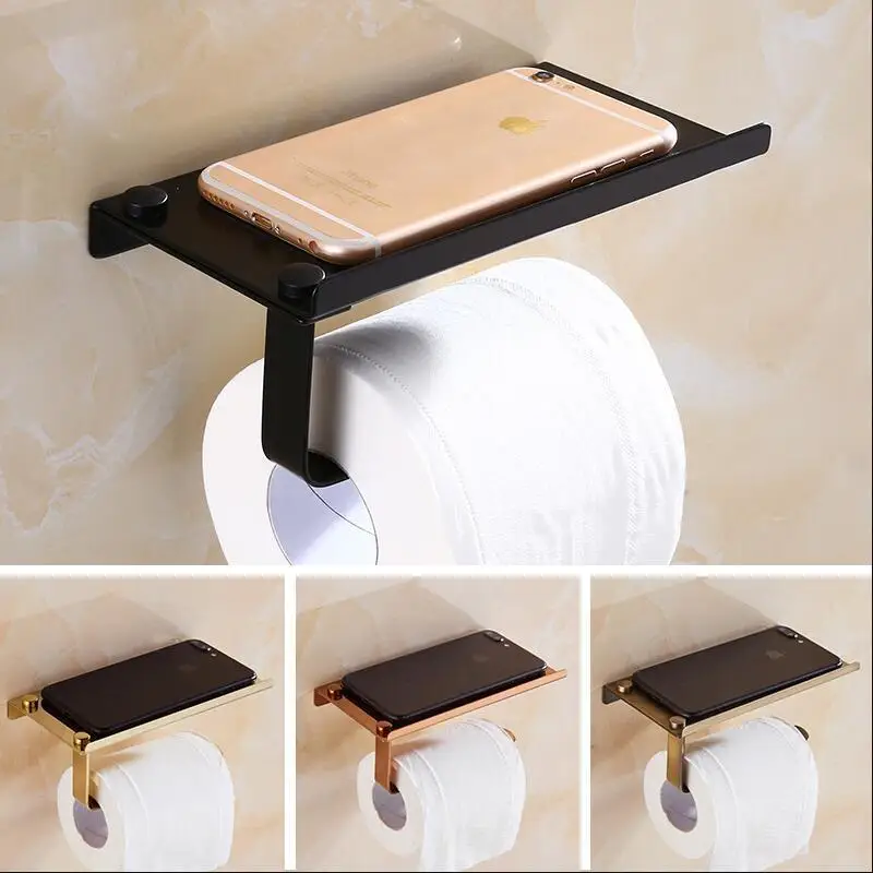 Stainless Steel Bathroom Paper Phone Holder with Shelf Bathroom Mobile Phones Gold Towel Rack Toilet Paper Holder Tissue Boxes