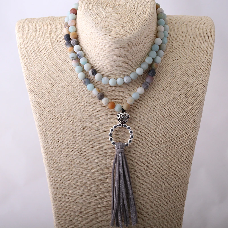 Fashion Amazonite Stones Bohemian Tribal Jewelry Circle Long Tassel Necklace