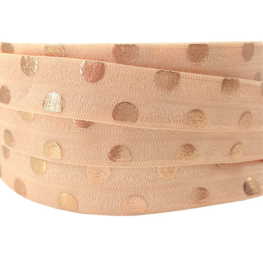 Great Quality Rose Foil Polka Dot Print Fold Over Elastic 5/8