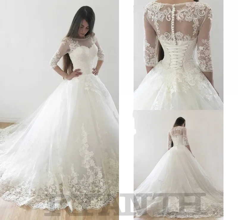 

Vestido De Noiva Princess Ball Gown 3/4 Long Sleeves Lace Wedding Dress 2019 Cheap Lace Up Back Pearls Buttons Robe de Mariee