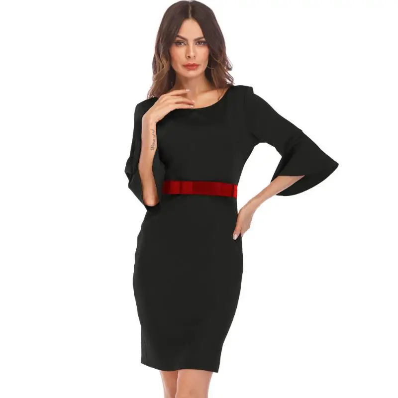 Autumn new O neck sleeves solid color one step dress spring party pencil dresses slim office Blue black red casual dress