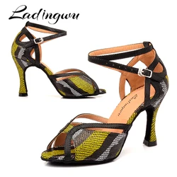 Ladingwu Woman Latin Dance Shoes Purple Gold Black Glitter and Satin Platform Sandals Dance Shoes Ballroom Dancing Heel 10cm
