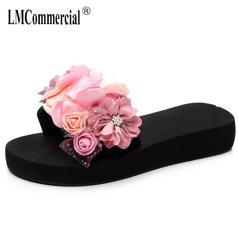 Summer Flowers One-Word Slipper Womens Non-skid Outside Slope-heeled Sandals Fashion Holiday Beach Shoes slippers female