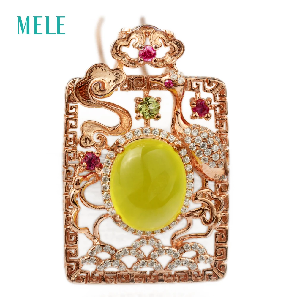 

MELE Natural yellow prehnite stone silver pendant , oval 10mm*12mm, top quality, retail and wholesale, best gift for ladies