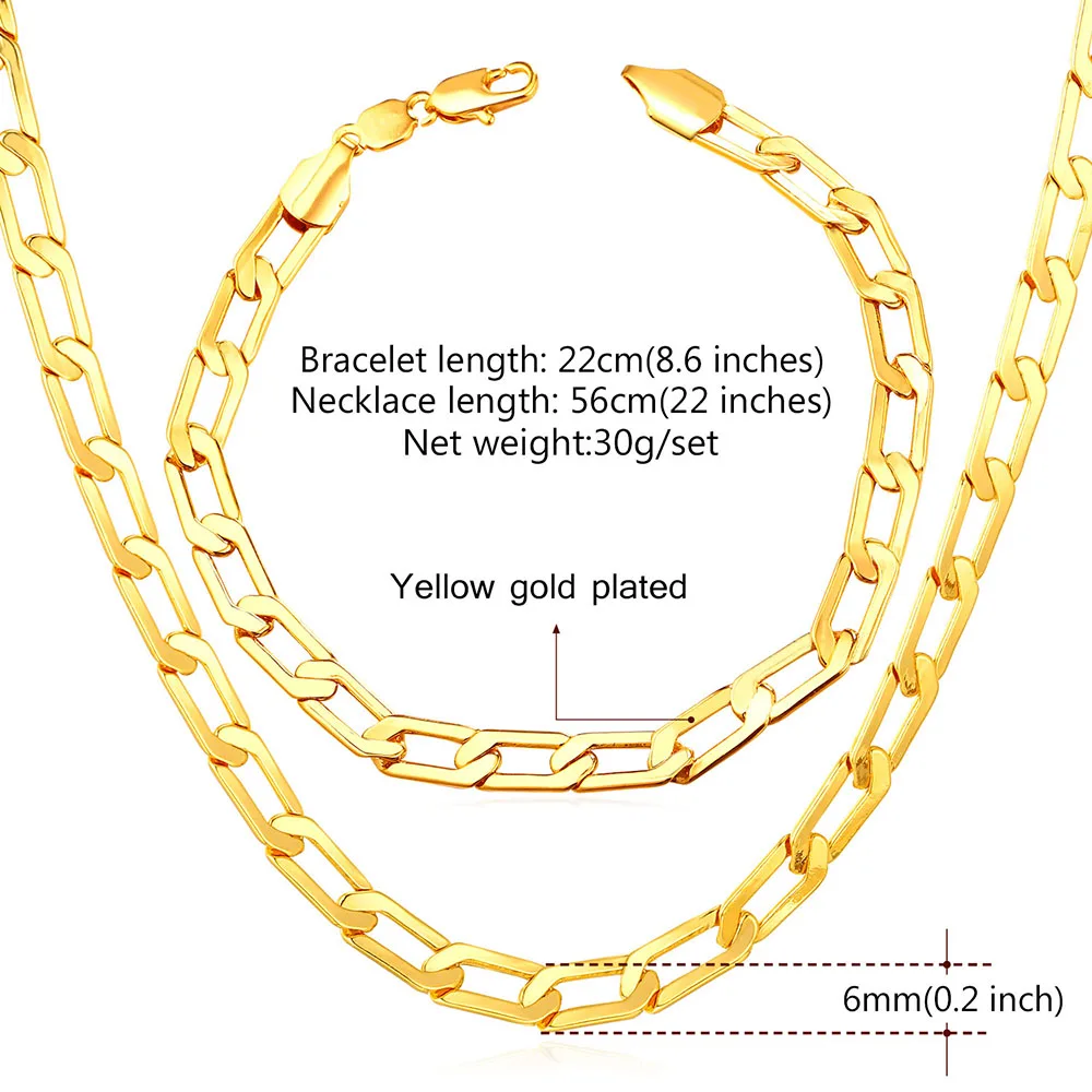 U7 Gold/Silver/Rose Gold Color Link Chain Jewelry Sets Fashion Trendy Bracelet Necklace Set For Men Wholesale S850