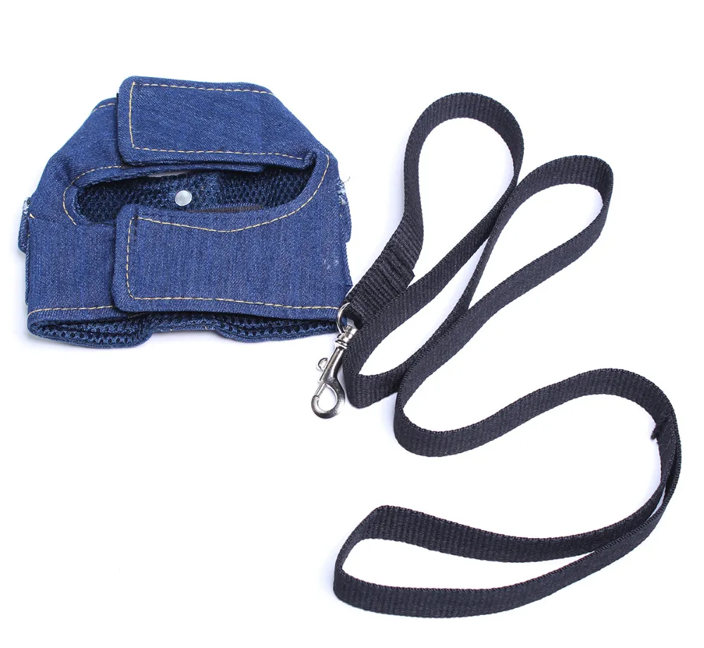 XKSRWE Dog Cat Denim Control Harness&Leash Pet Puppy Vest Soft Mesh Walk Collar 2 Colors 3 Sizes