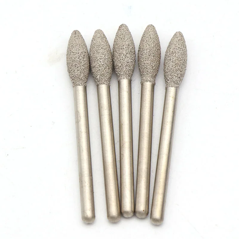 5 Buah 3Mm Kepala Bor Berlian Brazing Shank Panjang Zaitun Bentuk Burrs Ukiran Peeling untuk Logam Jade Kaca Batu Penggilingan Keramik