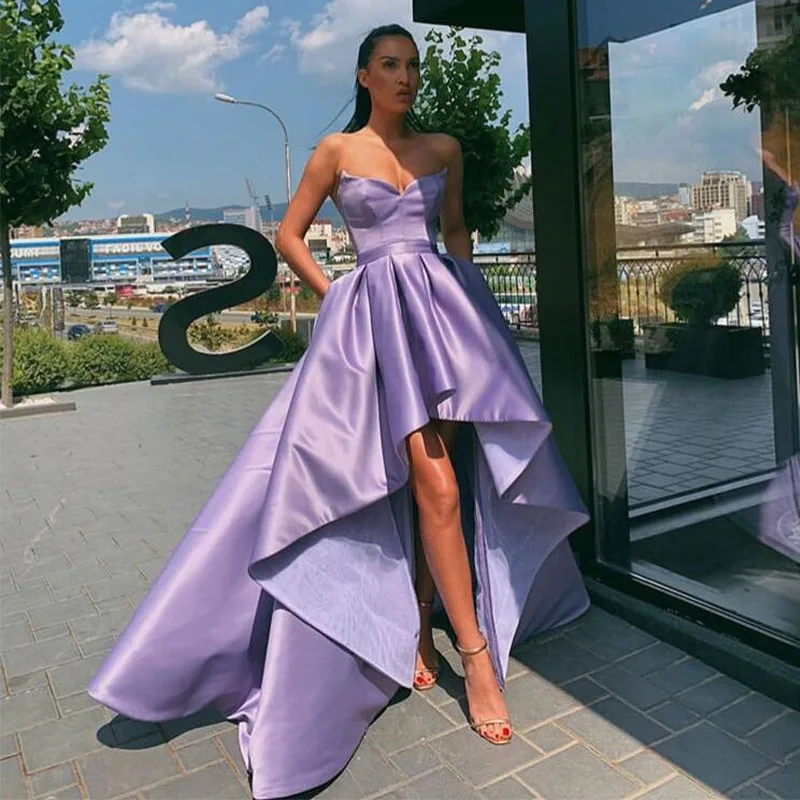 

Lavender High Low Prom Dresses Simple Satin Sweetheart Neckline Formal Party Gowns Short Front Long Back Abendkleider Prom Gowns