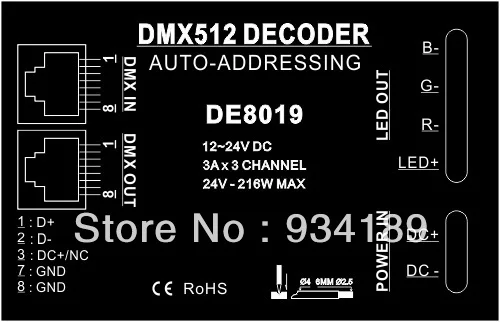 Free Shipping DMX RGB controller & LED Driver 3 Channels DC12-24V  Constant Voltage Single CH Output PWM <3A  Model: DE8019