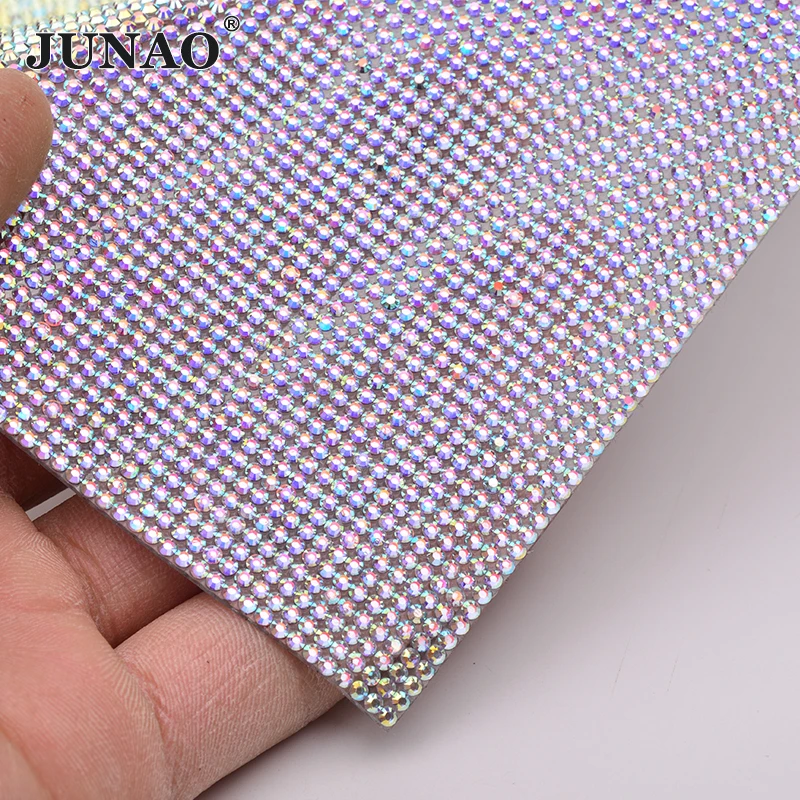 JUNAO SS6 Hotfix Colorful AB Rhinestone Mesh Fabric Diamond Strass Ribbon Resin Applique For DIY Decoration