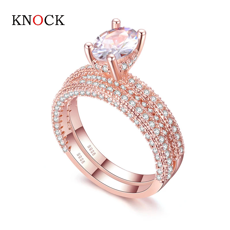 KNOCK high quality  Rose Gold Double row White gold  For Women Fashion Cubic Zirconia  Wedding Engagement ring