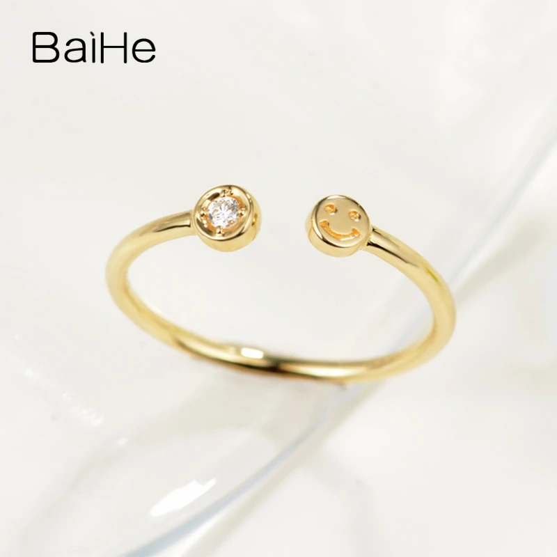 BAIHE Solid 14K Yellow Gold H/SI Natural Diamond Smile Ring For Women Men Wedding Engagement Trendy Fine Jewelry Кольцо улыбки