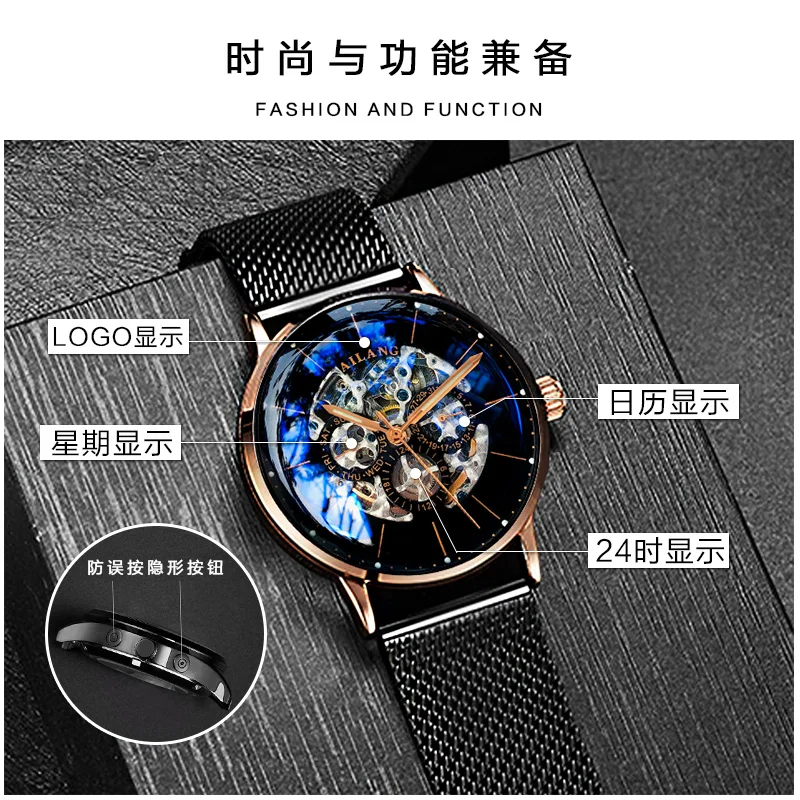 Đồng Hồ Tự Động Nam AILANG Đồng Hồ Cơ Khí Skeleton Đồng Hồ Nam Full Thép Không Gỉ Sapphire Đồng Hồ Relogio Masculino Chống Thấm Màu Xanh Nước Biển