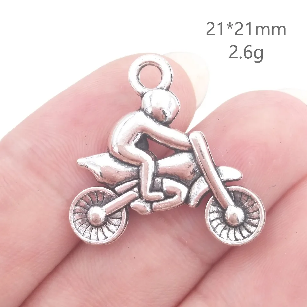 BULK 30 Zinc Alloy Antique Silver Plated Motocross Motorcycle Charms Pendants for DIY Bangle Bracelet Making 21*21mm 2.6g