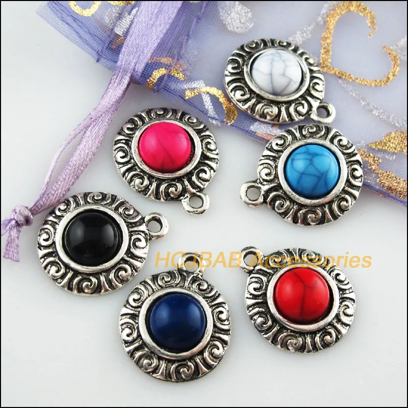 12Pcs Tibetan Silver Color Flower Mixed Stone Charms Pendant 19x23mm