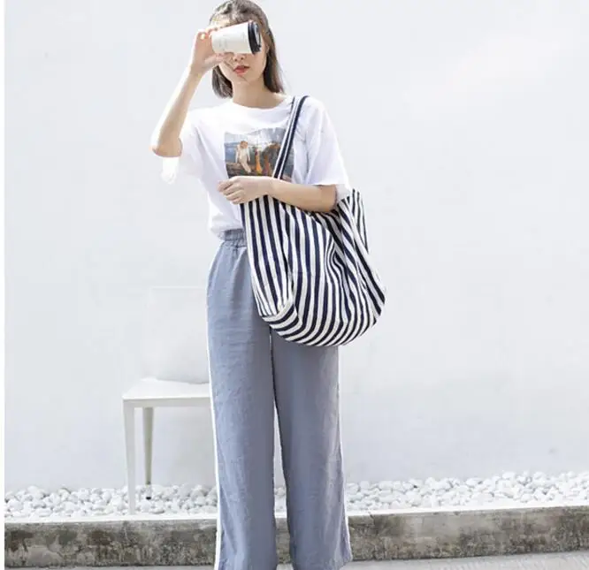 2022 Women thin strip Canvas Beach Shoulder Bag Handbags Large Capacity Bohemia Style Tote Female Shopping Bag 3 colors