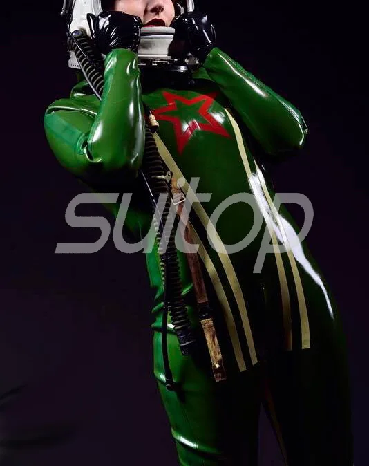 

Suitop latex amry uniform catsuit rubber playsuit with gloves back zip to crotch