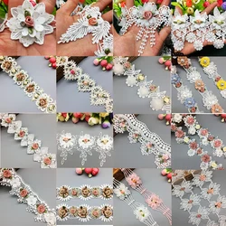 1 Yard Soluble 3D Colorful Rose Flower Pearl Embroidered Lace Trim Ribbon Fabric Handmade DIY Sewing Craft For Costume Hat Decor