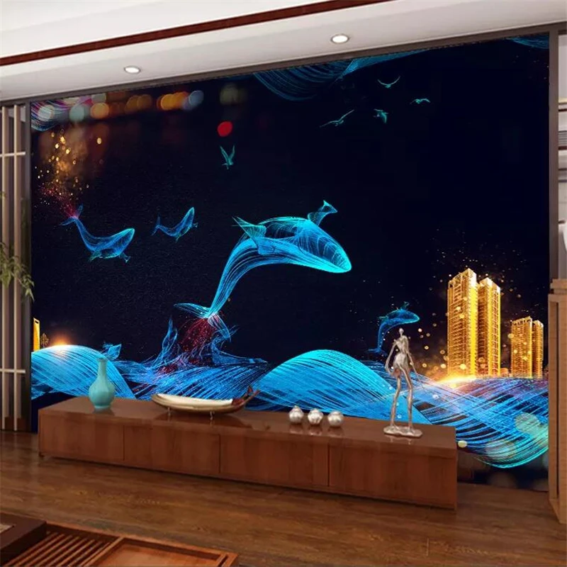 Beibehang custom wallpaper 3d papel de parede new chinese blue whale TV wall decoration painting living room 3D wallpaper mural