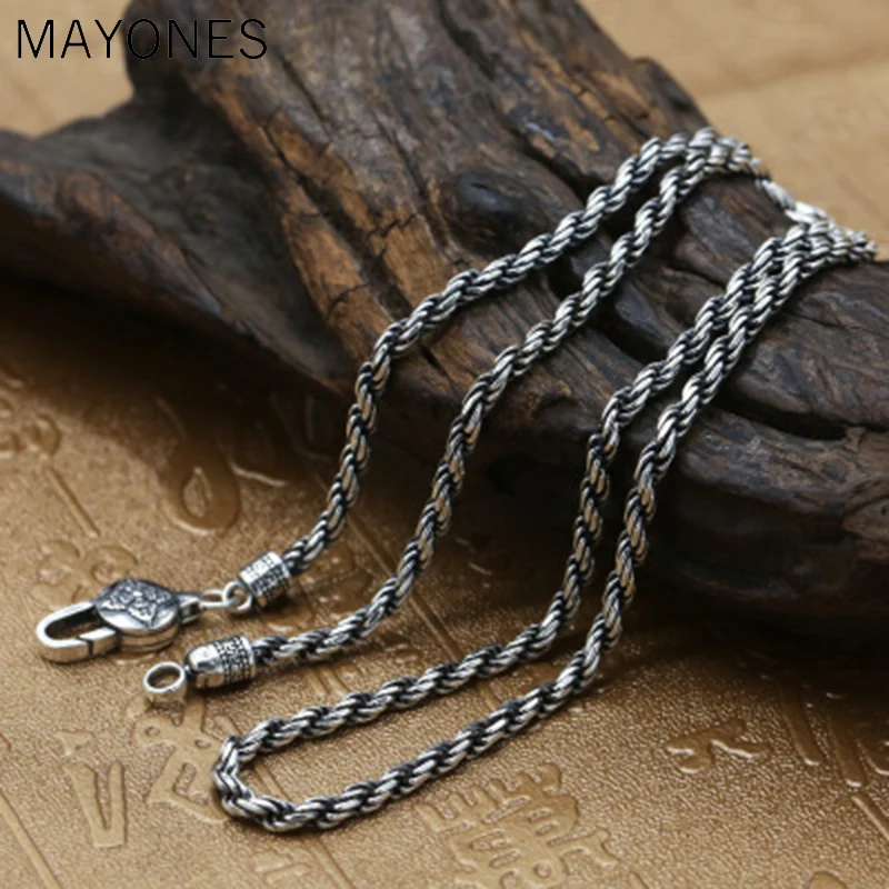 

3mm Thick Women Men Necklace 100% Real 925 Sterling Silver Buddhist Heart Sutra Rope Chain Pendant Necklace jewelry