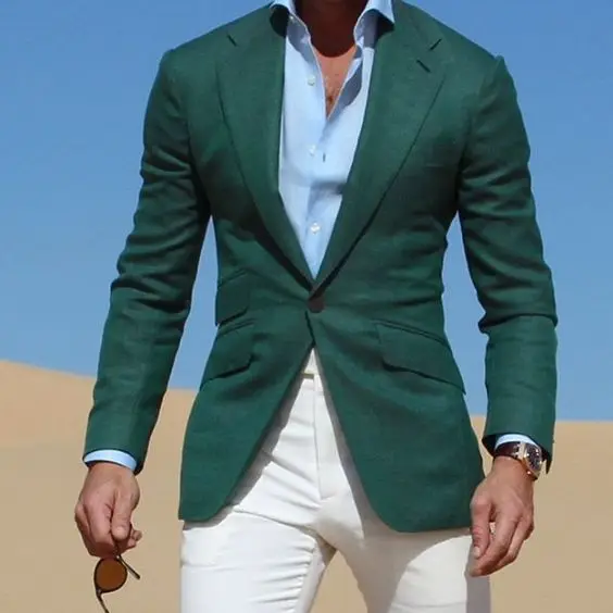 2019Green Suit Men Blazer With White Pants Separates Men Suit Slim Fit Prom Smart Casual Jacket Tuxedo Costume Homme Terno 2PCS